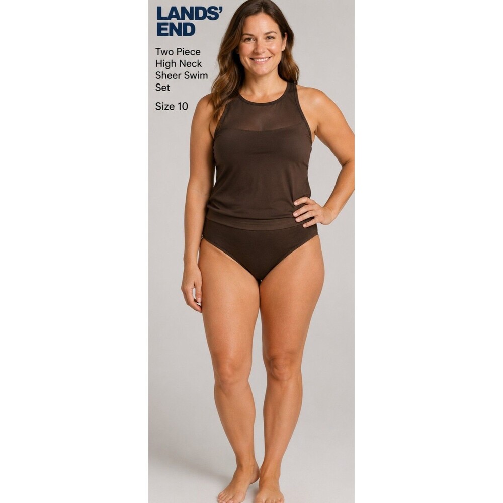 Lands' End Brown High Neck Two-Piece Sheer Swim Set